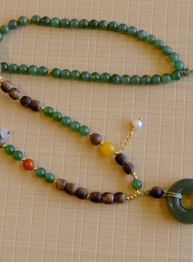 和田玉湖水绿平安扣毛衣链链子奇楠沉香碧玉s925银配件直径约6mm