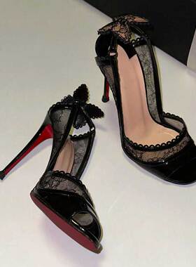 性感女人蕾丝蝴蝶结网纱鱼嘴细跟高跟鞋凉鞋一字带红底鞋2024新款