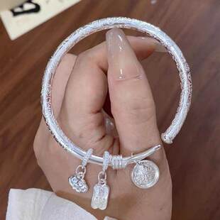 足银999纯银手镯女黄财神平安喜乐实心银镯子新中式国风款