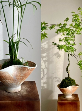 景德镇陶瓷花盆剑山插花苔藓球托盘复古诧寂风高级感花盆