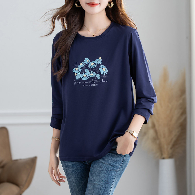 纯棉长袖t恤女2025新款宽松显瘦印花上衣妈妈减龄洋气打底体恤衫