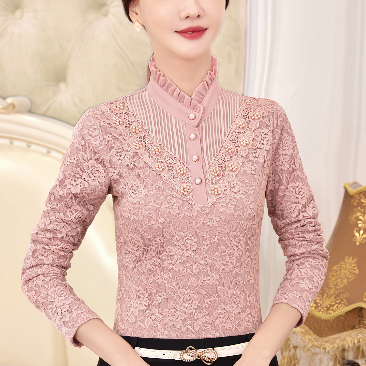 蕾丝打底衫女长袖半高领加厚加绒