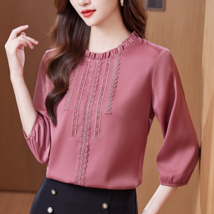 粉色雪纺衬衫女士2024新款木耳边法式小衫春秋七分袖别致绝美上衣