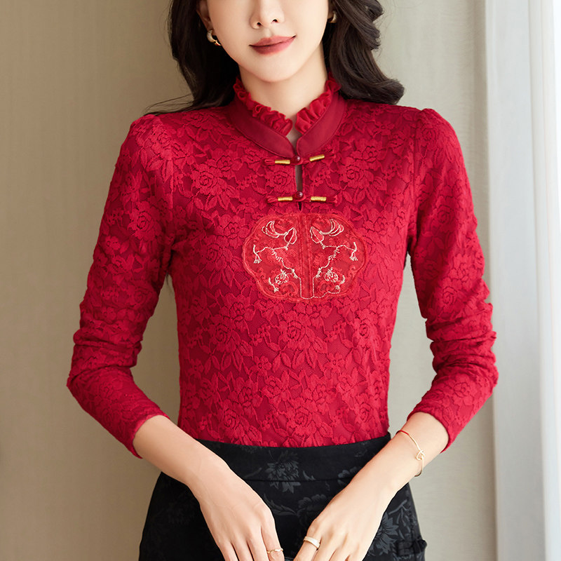 薄/厚打底衫女长袖新中式蕾丝衫