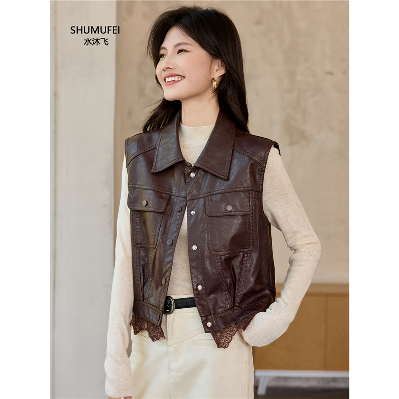 美式复古红色蕾丝马甲2025爆款女装时髦洋气坎肩背心皮衣夹克外套