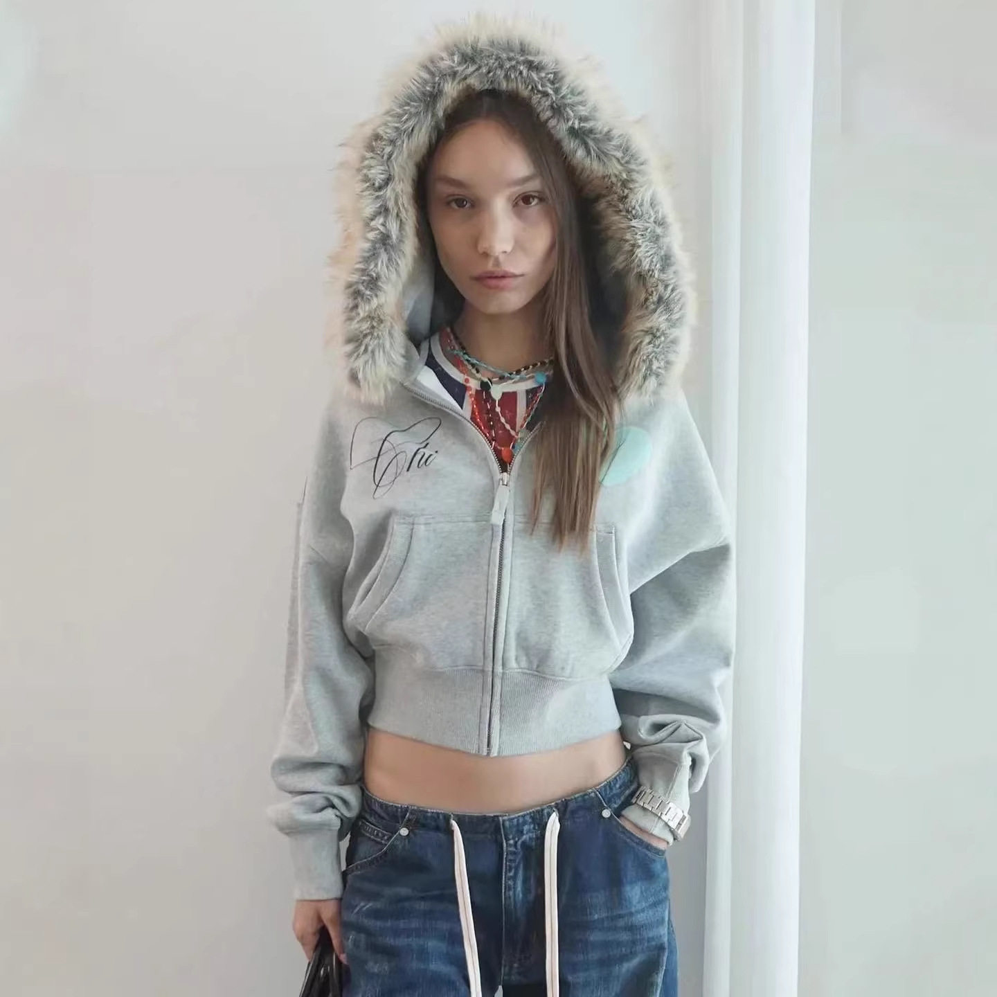 美式毛领连帽卫衣女短款拉链外套修身显瘦灰色棉质上衣