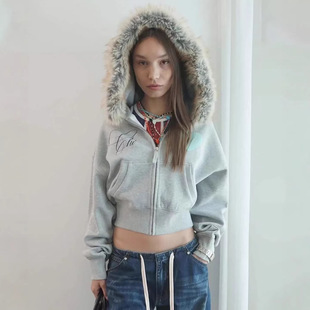 美式毛领连帽卫衣女短款拉链外套修身显瘦灰色棉质上衣