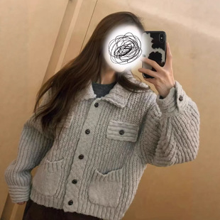 慵懒风羊毛针织开衫女宽松口袋灰色毛衣外套百搭