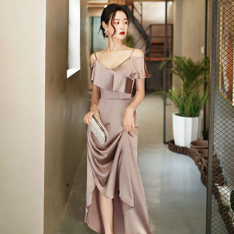 长款绿色团闺蜜女女孩姐妹服胖伴娘连衣裙晚礼服简单高级大方缎面图片