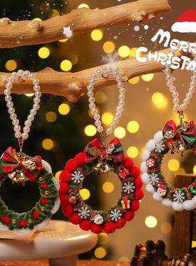 跨境迷你圣诞花环绿色藤圈松果装饰小号白圣诞花环雪花花环小礼物