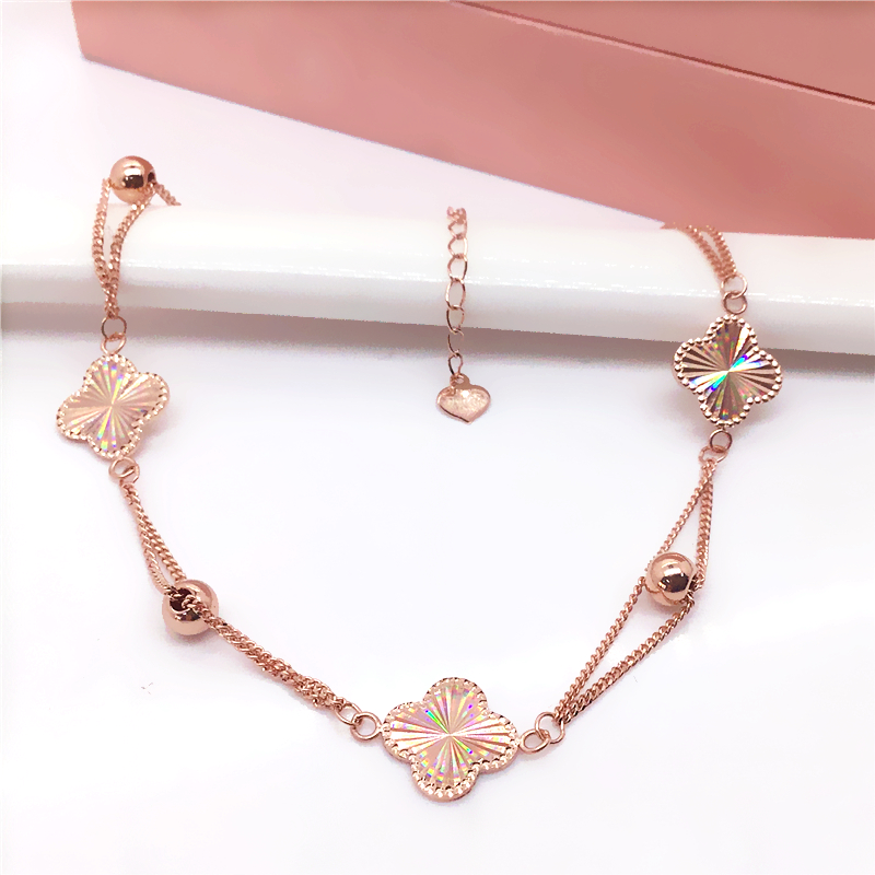 AU585 14K玫瑰金真金女士素金炫彩四叶草手链搭配洋气简约款