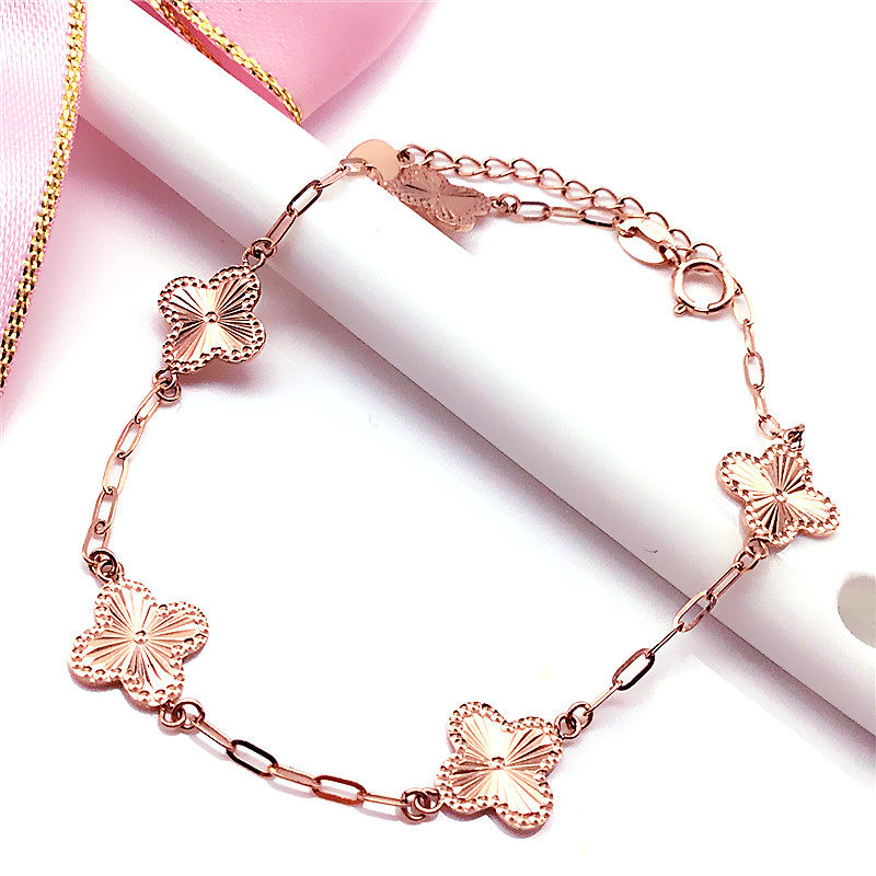 翁氏珠宝 真金14k彩金素金四叶草手链 紫金585紫金首饰14k玫瑰金