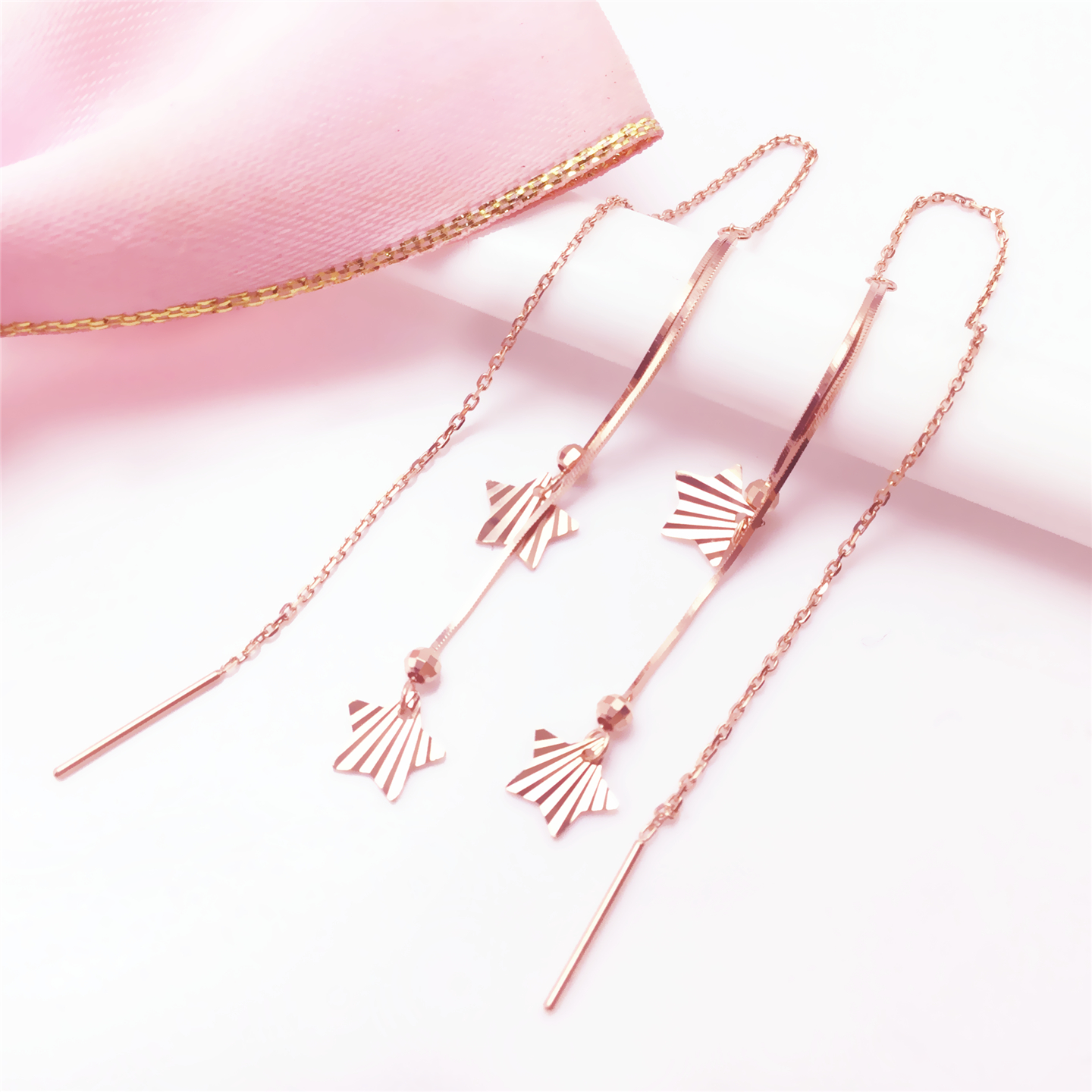 14k玫瑰金星星耳线女长款