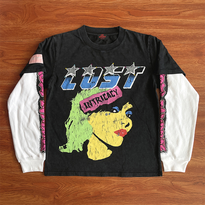 Lost intricacy 洗水复古风印花彩色烫钻纯棉长袖T恤