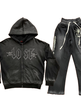 Lost intricacy Lavender Zip Up Hoodie镶钻洗水拉链卫衣长裤