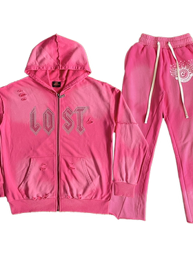 Lost intricacy Pink Hoodies 镶钻洗水破洞休闲拉链卫衣长裤套装