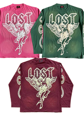 Lost intricacy 洗水复古风天使与魔鬼印花镶钻纯棉长袖T恤