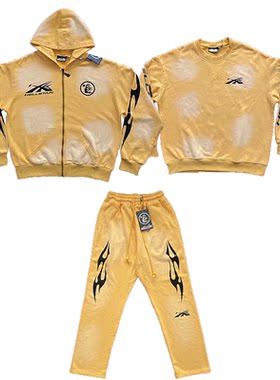 Hellstar Sports Zip Up Hoodie大logo洗水男女纯棉拉链卫衣长裤
