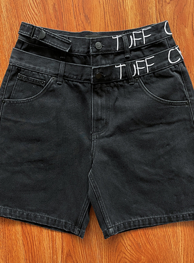 TUFF CROWD 美式高街小众设计刺绣黑色休闲牛仔短裤