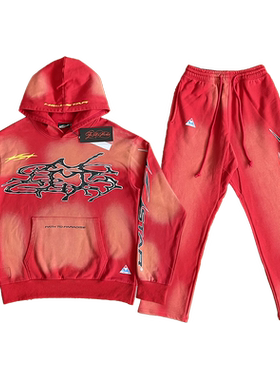 Hellstar Sudios  Red Hoodie 红色洗水男女休闲连帽卫衣长裤套装