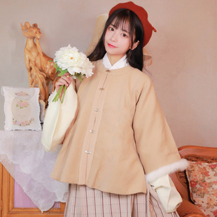 爱莲说汉服若若明制毛呢披袄半袖格子短马面交领上袄双层琵琶袖