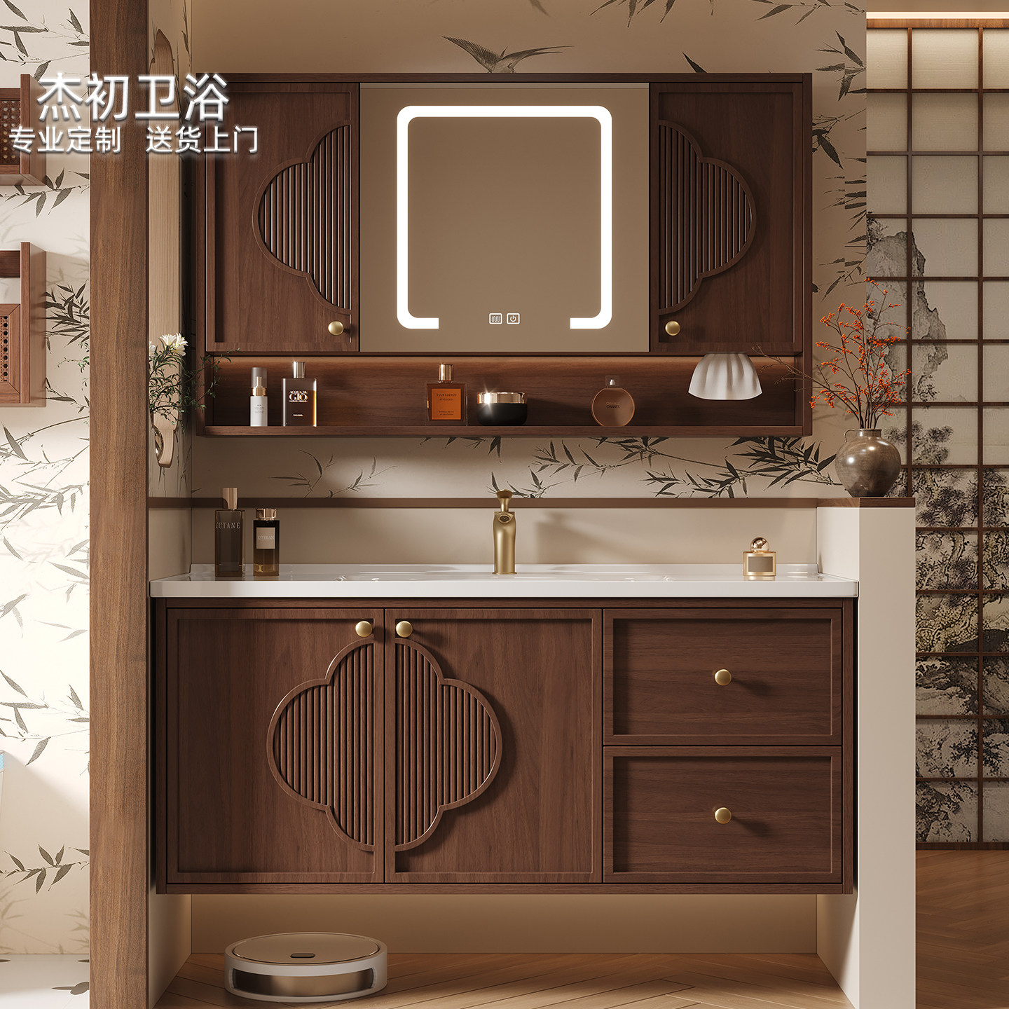 新款宋式美学浴室柜组合橡木实木烤漆陶瓷一体盆卫生间洗漱台定制