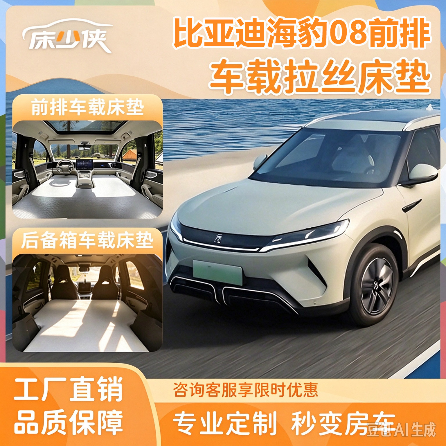 适用于比亚迪海豹08前排车载拉丝充气床垫旅行露营加厚午休睡垫