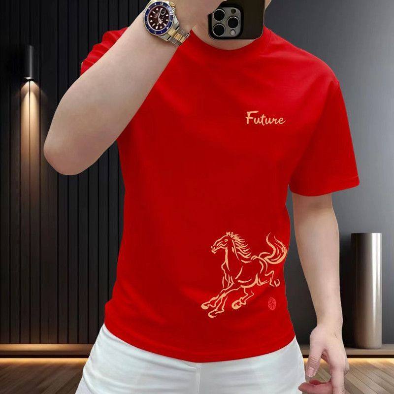 红色马年行好运圆领加绒卫衣男士新款潮流休闲时尚修身秋冬上衣服