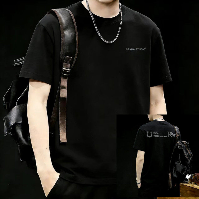 欧美风黑色短袖T恤男女修身印花潮牌时尚帅气纯棉体恤衫