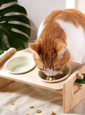 【实木】陶瓷猫碗食盆水盆双碗