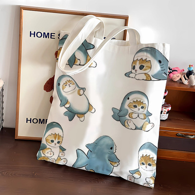 鲨鱼猫咪帆布袋动漫小清新手提包简约单肩女包学生上课包包大容量