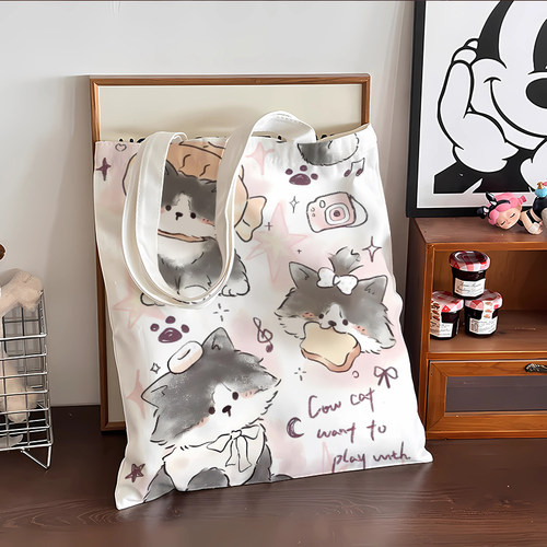 帆布包单肩小众补习简约手提袋文艺百搭书袋潮学生休闲卡通卡通