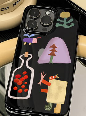 ins风简约卡通奇异插画适用苹果17pro软壳16promax手机壳磨砂iphone14亮黑色15pro硅胶13个性12小众11全包