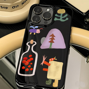 ins风简约卡通奇异插画适用苹果17pro软壳16promax手机壳磨砂iphone14亮黑色15pro硅胶13个性12小众11全包