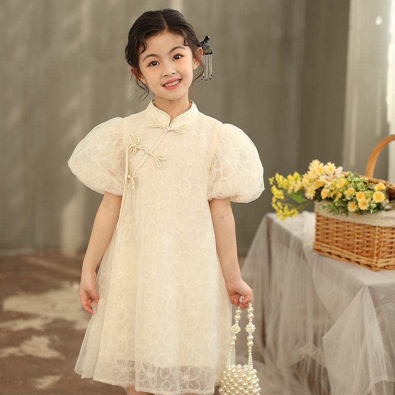 女童改良版泡泡袖旗袍裙2024夏季中大童中国风立体盘花网纱连衣裙