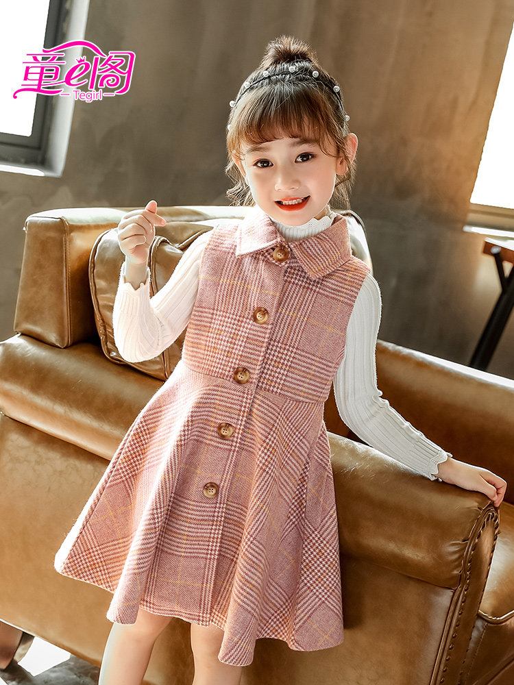 Girls wool vest skirt plaid 2021 autumn new dress Children's waistcoat Western princess dress