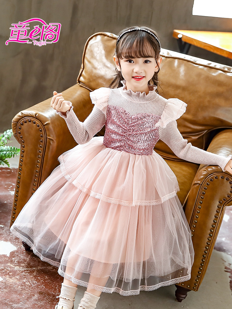 Girls Sequin sweater skirt 2021 autumn and winter new Western style knitted turtleneck dress Children's European princess dress