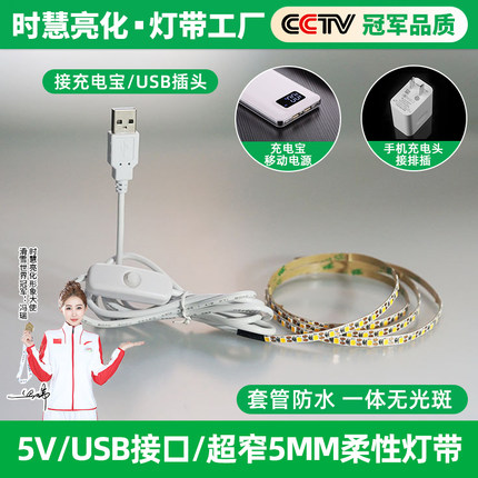 5V超窄5毫米120灯/米灯条USB插充电宝高亮防水5mm细柔性LED软灯带