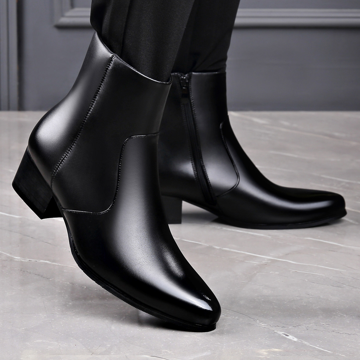 切尔西靴男冬季尖头英伦风休闲高帮皮鞋中筒短靴真皮马丁靴男皮靴