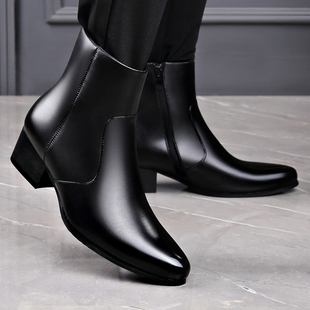 切尔西靴男冬季尖头英伦风休闲高帮皮鞋中筒短靴真皮马丁靴男皮靴