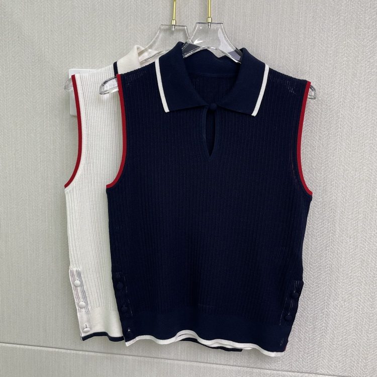 一线大厂精品无袖Polo翻领撞色包扣上衣女 丝羊毛镂空针织小背心