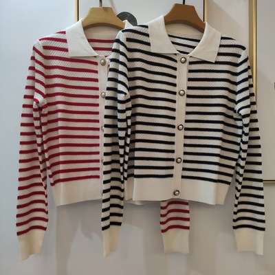 减龄海军条纹翻领单排扣针织衫 撞色门径珍珠扣羊毛混纺开衫外套