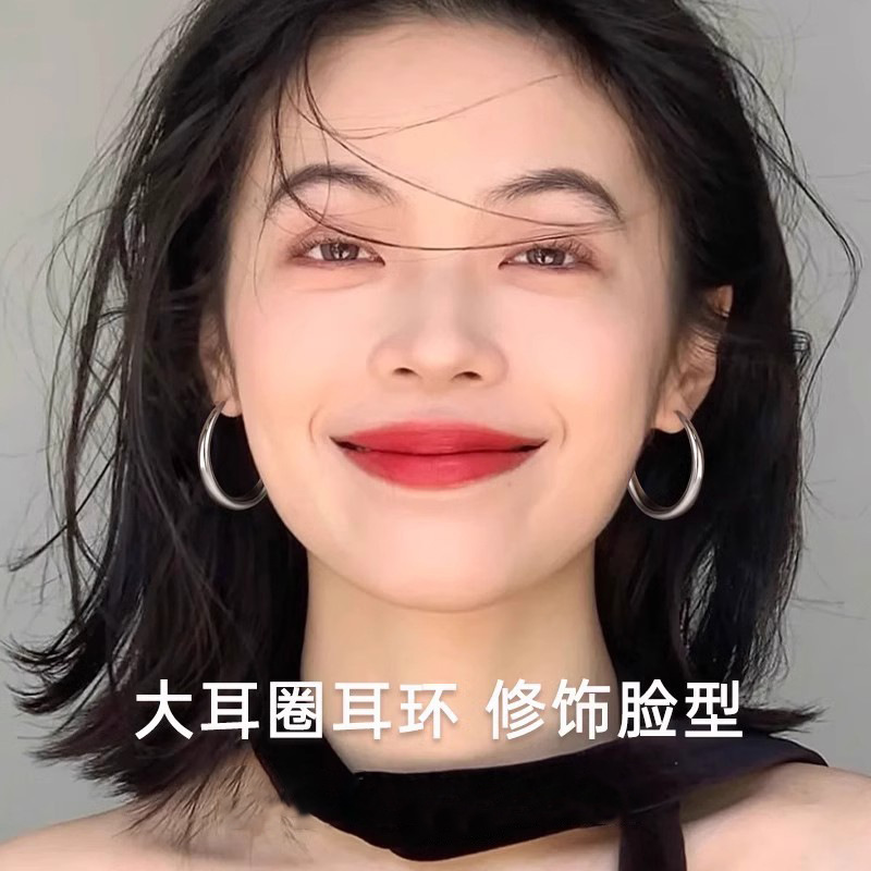 999纯银针大圆圈素圈耳环女感耳夹耳钉2025新款爆款耳圈耳饰