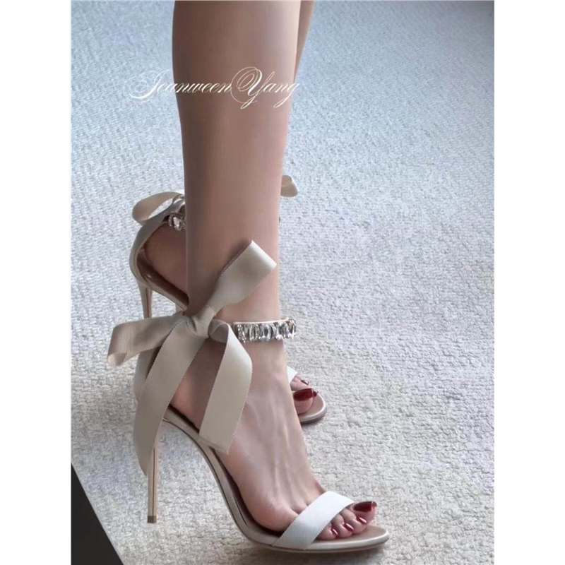 露趾凉鞋仙女时尚夏季新款水钻一字带高跟鞋女细跟蝴蝶结绑带女鞋