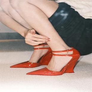 豹纹时装 包头凉鞋 女增高春新款 红色尖头坡跟高跟鞋 性感玛丽珍单鞋