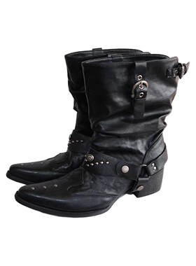 Mooreyu小众原创设计西部短靴女春夏牛皮粗跟黑色小众尖头骑士靴