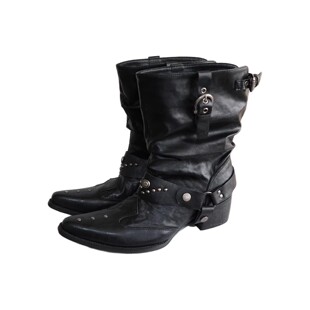 Mooreyu小众原创设计西部短靴女春夏牛皮粗跟黑色小众尖头骑士靴