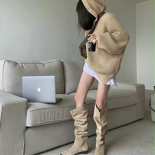 骑士靴复古绒面褶皱堆堆欧美长靴