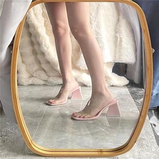 粗跟淡粉色女鞋 透明带凉拖鞋 显高显白显腿长大小姐高跟鞋 OMG