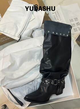 复古皮带扣粗跟骑士靴黑色堆堆靴